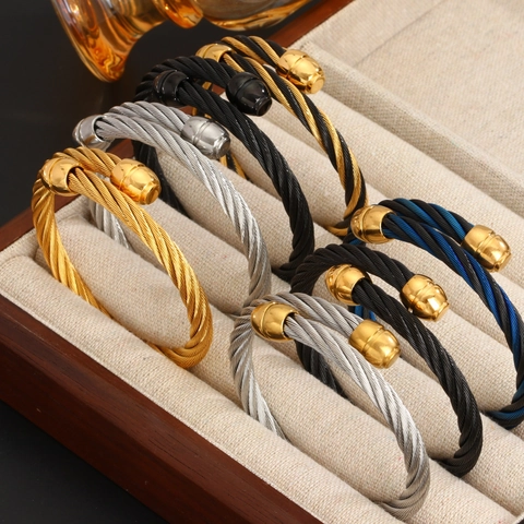 Pulsera de Puño de Cable Trenzado de Acero Inoxidable para Hombre Mujer Hip Hop Punk Chapado en Oro 18K Joyería Moda