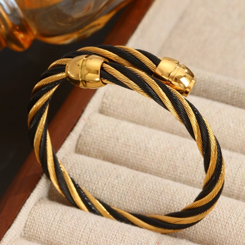 Pulsera de Puño de Cable Trenzado de Acero Inoxidable para Hombre Mujer Hip Hop Punk Chapado en Oro 18K Joyería Moda