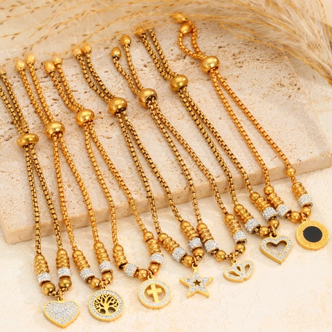 Pulsera Deslizante Ajustable de Acero Inoxidable para Mujer Bañada en Oro de 18K Colgante de Corazón Cruz Árbol de la Vida Estrella Joyería de Circonita