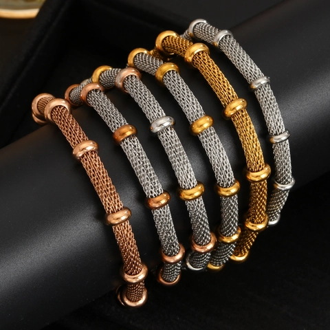 Pulsera Retro de Malla de Acero Inoxidable para Mujer Bañado en Oro 18K Diseño Minimalista Nudo de Bambú Joyería de Moda