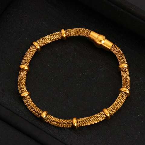 Pulsera Retro de Malla de Acero Inoxidable para Mujer Bañado en Oro 18K Diseño Minimalista Nudo de Bambú Joyería de Moda