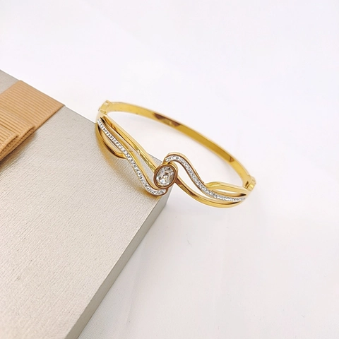 Elegant Stainless Steel Wave Bangle For Women Gold Rose Gold Plated Oval Zirconia Inlaid Hinged Cuff Bracelet Jewelry