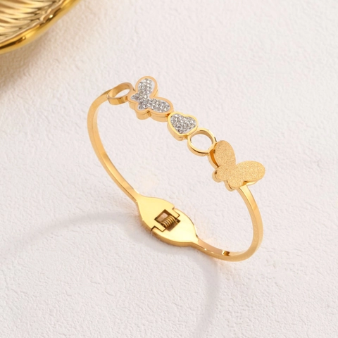 Elegant Titanium Steel Butterfly Heart Bangle Bracelet For Women Gold Rose Gold Plated Rhinestone Inlaid Fashion Jewelry
