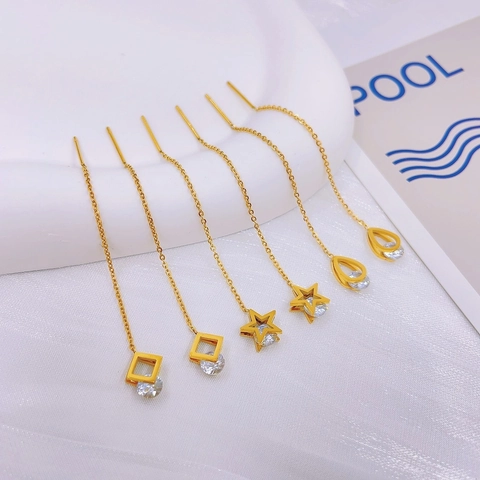 Titanium Steel Gold Plated Long Tassel Threader Earrings For Women Elegant Geometric Heart Star Butterfly Rhinestone Earrings
