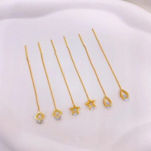 Titanium Steel Gold Plated Long Tassel Threader Earrings For Women Elegant Geometric Heart Star Butterfly Rhinestone Earrings