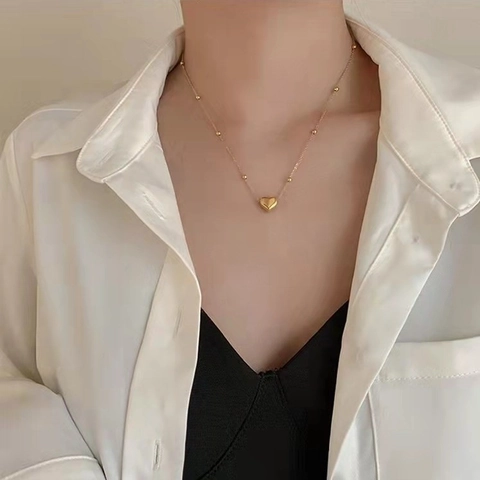 Minimalist Gold Plated Stainless Steel Heart Pendant Necklace For Women Trendy Polished Ball Bead Clavicle Chain Jewelry Gift
