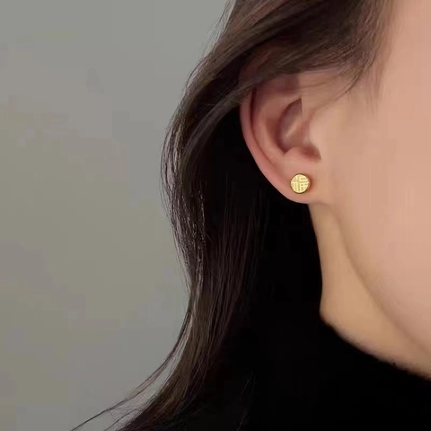 Minimalist Titanium Steel Fu Character Round Stud Earrings Gold Steel Fortune Good Luck Geometric Screw Ball Back Ear Studs