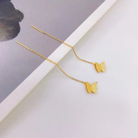 Minimalist Titanium Steel Butterfly Frosted Ear Threader Long Tassel Earrings Gold Elegant Jewelry For Women Daily Gift