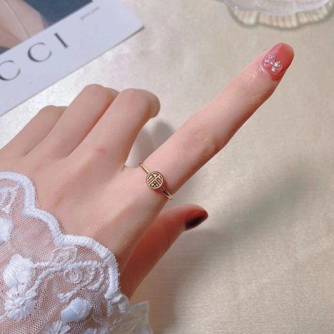 Elegant Titanium Steel Fu Character Ring 18K Gold Plated Lucky Chinese Letter Ring Fashion Jewelry For Women Gift Accessory