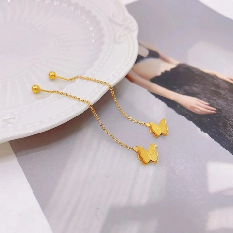 Titanium Steel Frosted Butterfly Ear Threader Earrings Gold Long Chain Tassel Anti-Lost Screw Back Jewelry For Women Girl