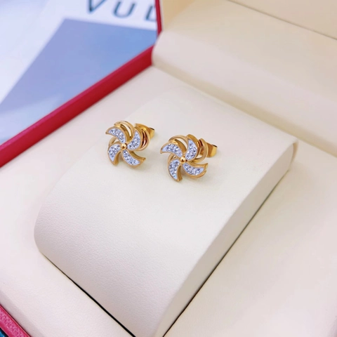 Exquisite Rotating Windmill Stud Earrings Titanium Steel 18K Gold Plated Rhinestone Fashion Jewelry For Women Dating Gift