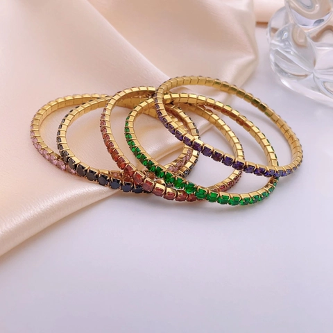 Conjunto de Pulsera de Tenis y Anillo de Acero Inoxidable Chapado en Oro de 18K Con Joyería Geométrica de Zircón Colorido para Mujer