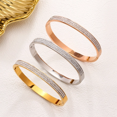 Brazalete de Lujo de Acero de Titanio con Triple Fila de Diamantes para Mujer Elegante Oro Rosa Plata Chapado Acero Inoxidable