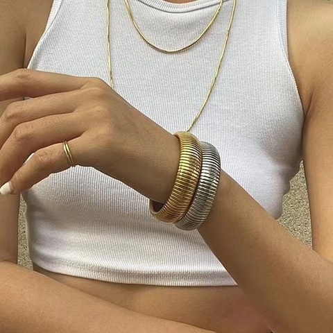 Brazalete Tubogas de Acero Inoxidable Minimalista para Mujer Chapado en Oro Plata Pulsera Elástica Joyería Retro Geométrica