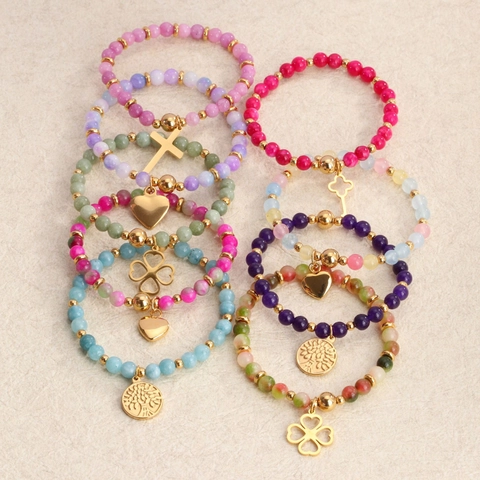 Pulsera de Cuentas de Piedra Natural de Acero de Titanio para Mujer Lujo Ligero Colgante de Corazón Trébol Perla Artificial Joyería Hecha a Mano