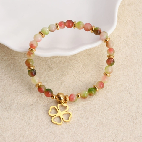 Pulsera de Cuentas de Piedra Natural de Acero de Titanio para Mujer Lujo Ligero Colgante de Corazón Trébol Perla Artificial Joyería Hecha a Mano