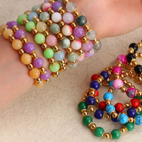 Pulsera de Cuentas de Piedra Natural de Acero Inoxidable Bañado en Oro de 18K para Mujer Joyería Elegante de Gemas