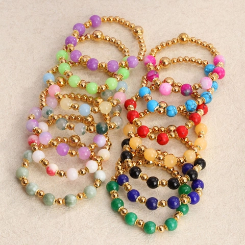 Pulsera de Cuentas de Piedra Natural de Acero Inoxidable Bañado en Oro de 18K para Mujer Joyería Elegante de Gemas