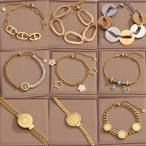Pulsera de Acero de Titanio Bañada en Oro de 18K para Mujer Acero Inoxidable Árbol de la Vida Floral Moneda Ojo Turco Pulsera de Amuletos Joyería de Moda