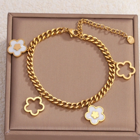 Pulsera de Acero de Titanio Bañada en Oro de 18K para Mujer Acero Inoxidable Árbol de la Vida Floral Moneda Ojo Turco Pulsera de Amuletos Joyería de Moda
