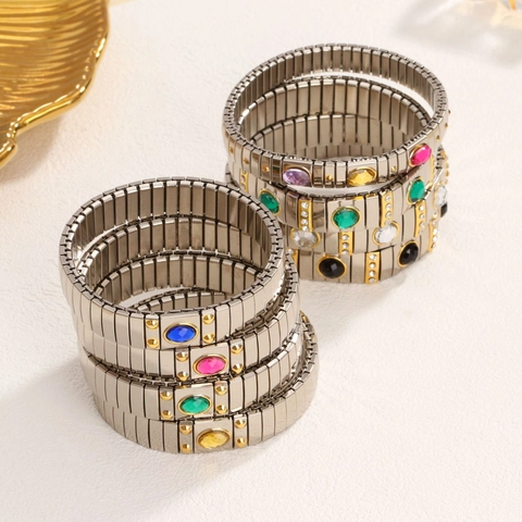 Vintage Stainless Steel Elastic Watchband Bracelet For Women 18K Gold Plated Colorful Gemstone Inlaid Stretch Bangle Jewelry