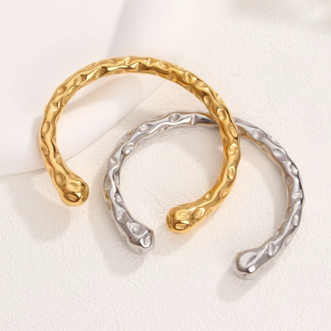 Minimalist Stainless Steel Hammered Open Cuff Bangle For Women Men 18K Gold Plated Vintage Textured Statement Bracelet Jewelry