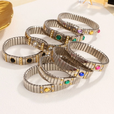 Vintage Stainless Steel Elastic Watchband Bracelet For Women 18K Gold Plated Colorful Gemstone Inlaid Stretch Bangle Jewelry