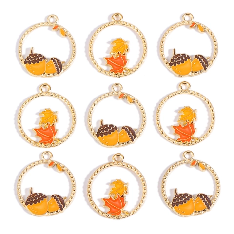 Alloy Enamel Maple Leaf Acorn Round Pendants Autumn Theme Jewelry Making Accessories For Earrings Keychain DIY Charms