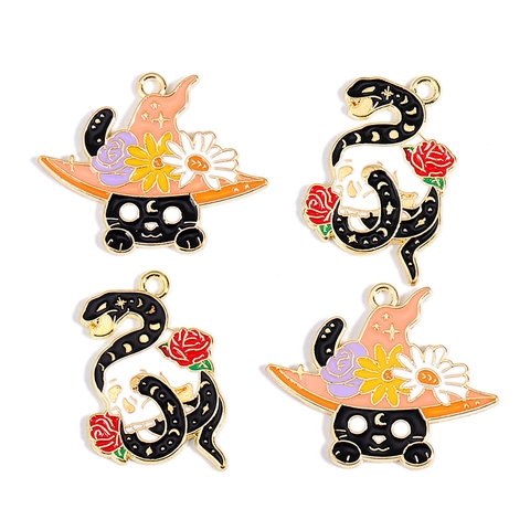 Gothic Enamel Alloy Halloween Charms Black Cat Witch Hat And Snake Skull Pendants For DIY Jewelry Necklace Earring Making