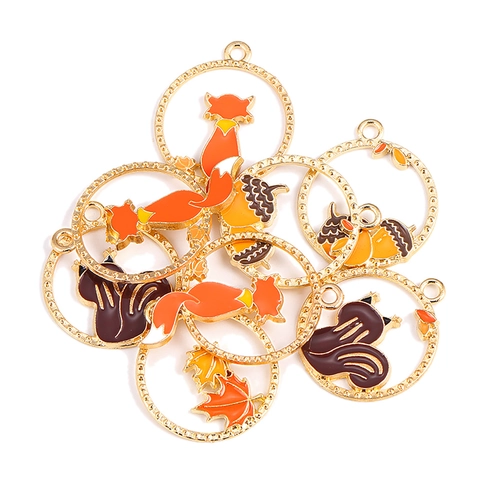 Cartoon Alloy Enamel Pendant Autumn Theme Fox Squirrel Maple Leaf Acorn DIY Jewelry Making Charm For Keychain Necklace