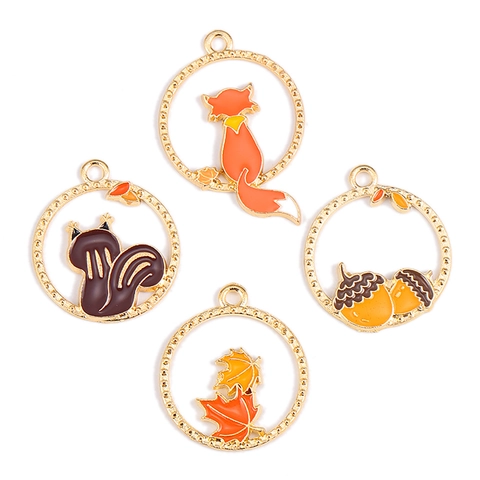 Cartoon Alloy Enamel Pendant Autumn Theme Fox Squirrel Maple Leaf Acorn DIY Jewelry Making Charm For Keychain Necklace