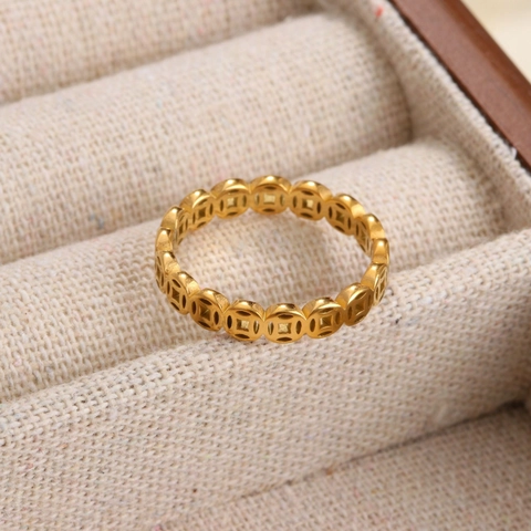 Vintage Stainless Steel Copper Coin Hollow Ring For Men Women Luck Wealth Gold Silver Plated Band Ring Fashion Jewelry Gift