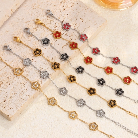 Bracciale Fiore a Cinque Petali Acciaio al Titanio Placcato Oro 18K Zirconia Intarsiato Catena Regolabile Gioielli Donna Regalo