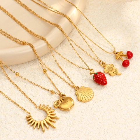 Collar con Colgante de Acero de Titanio Chapado en Oro Minimalista para Mujer Joyas de Fruta Cereza Fresa Girasol Manzana Concha