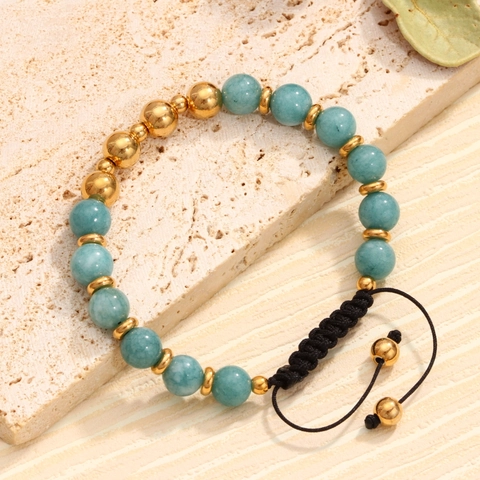 Pulsera de Piedra Natural Hecha a Mano de Acero Inoxidable con Cuentas para Mujer Chapado en Oro 18K Cordón Trenzado Ajustable