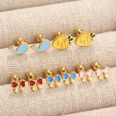 Lindos Pendientes de Botón de Esmalte de Acero Inoxidable Chapados en Oro con Lazo Ballena Zanahoria Mariposa Strass Pendientes para Mujer Joyería Diaria