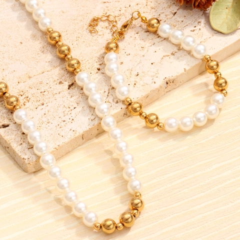 Handmade Faux Artificial Pearl Stainless Steel Necklace And Bracelet 18K Gold Plated Round Metal Bead Elegant Jewelry For Women Unisex