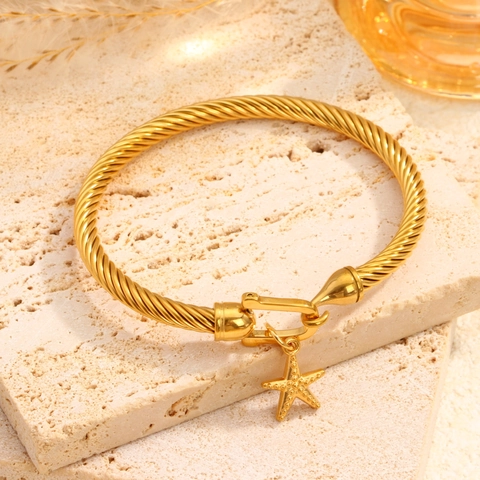 Brazalete de Cable de Océano de Acero Inoxidable Vintage Colgante de Estrella de Mar Corazón Cierre en U Joyería de Moda para Mujer