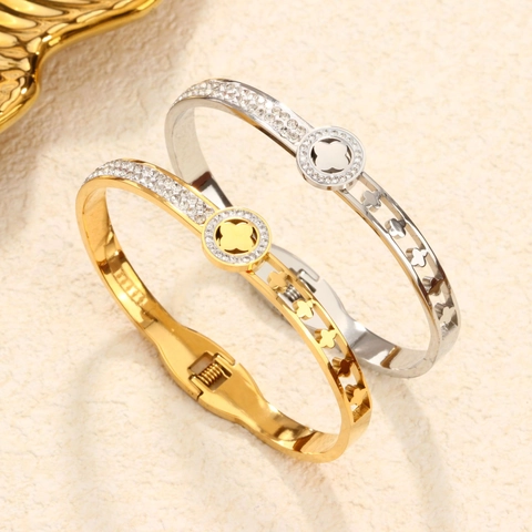 Luxury Stainless Steel Four Leaf Clover Open Bangle Bracelet For Women 18K Gold Plated Rhinestone Jewelry Fashion Accessories