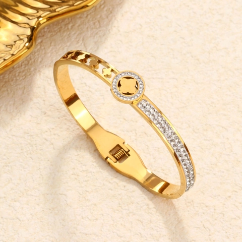 Luxury Stainless Steel Four Leaf Clover Open Bangle Bracelet For Women 18K Gold Plated Rhinestone Jewelry Fashion Accessories