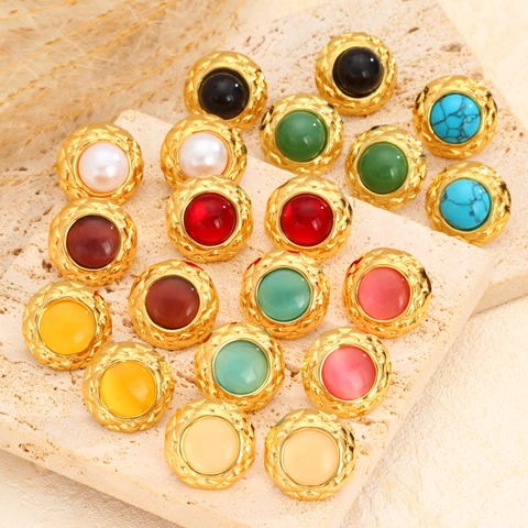 Pendientes de Botón Redondos de Acero Inoxidable 304 Estilo Maillard Vintage Chapado en Oro de 18K Acolchado Martillado Joyería Retro Para Mujer