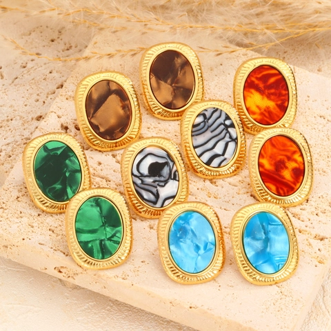 Vintage Elliptical Stainless Steel Stud Earrings For Women Gold Plated Resin Inlay Maillard Style Fashion Jewelry Gift