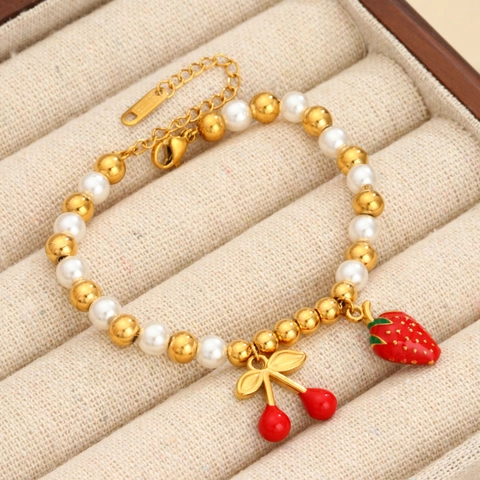 Pulsera Colgante de Fruta de Acero Inoxidable Con Perla Artificial Chapado en Oro Fresa Cereza Joyería para Mujer Niña