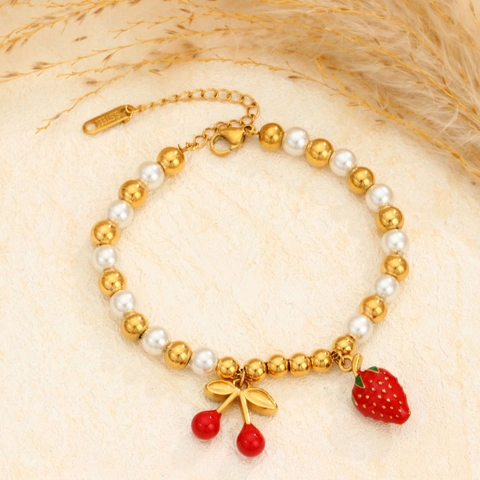 Pulsera Colgante de Fruta de Acero Inoxidable Con Perla Artificial Chapado en Oro Fresa Cereza Joyería para Mujer Niña