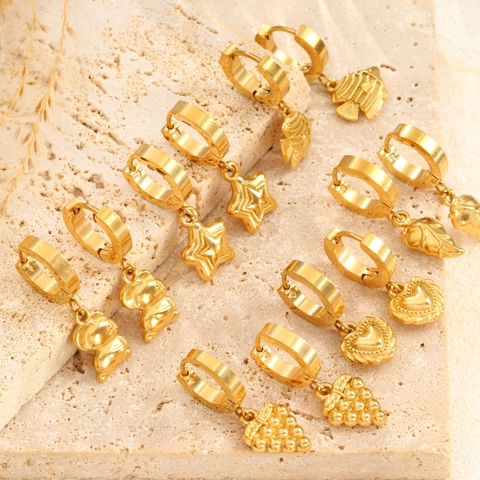 Vintage Stainless Steel U-Shaped Hoop Earrings For Women Gold Plated Star Heart Leaf Grape Goldfish Bear Drop Earrings Jewelry