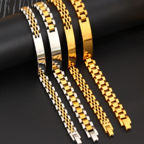 Pulsera de Cadena de Reloj de Acero Inoxidable Minimalista para Hombre Mujer Oro Plata Pulido Barra de ID Joyería