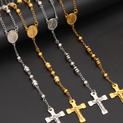 Collar de Rosario de Acero Inoxidable 304 Chapado en Oro 18K Colgante de Cruz Católica Medalla Religiosa Virgen María Joyería