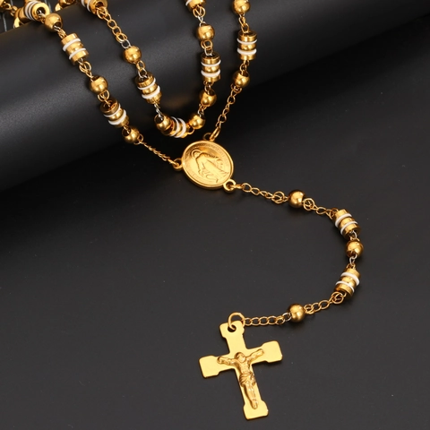 304 Stainless Steel 18K Gold Plated Rosary Necklace Catholic Cross Pendant Religious Virgin Mary Medal Beads Necklace Jewelry