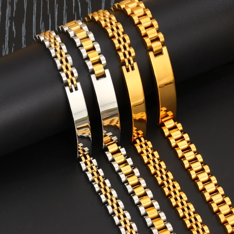 Pulsera de Cadena de Reloj de Acero Inoxidable Minimalista para Hombre Mujer Oro Plata Pulido Barra de ID Joyería