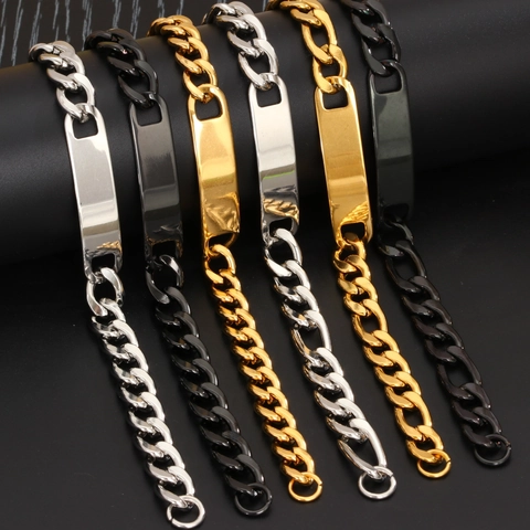 Pulsera de Placa de Identidad de Acero Inoxidable Para Hombres Mujeres Hip Hop Pulido Cadena Eslabones Cubanos Figaro Oro Plata Negro
